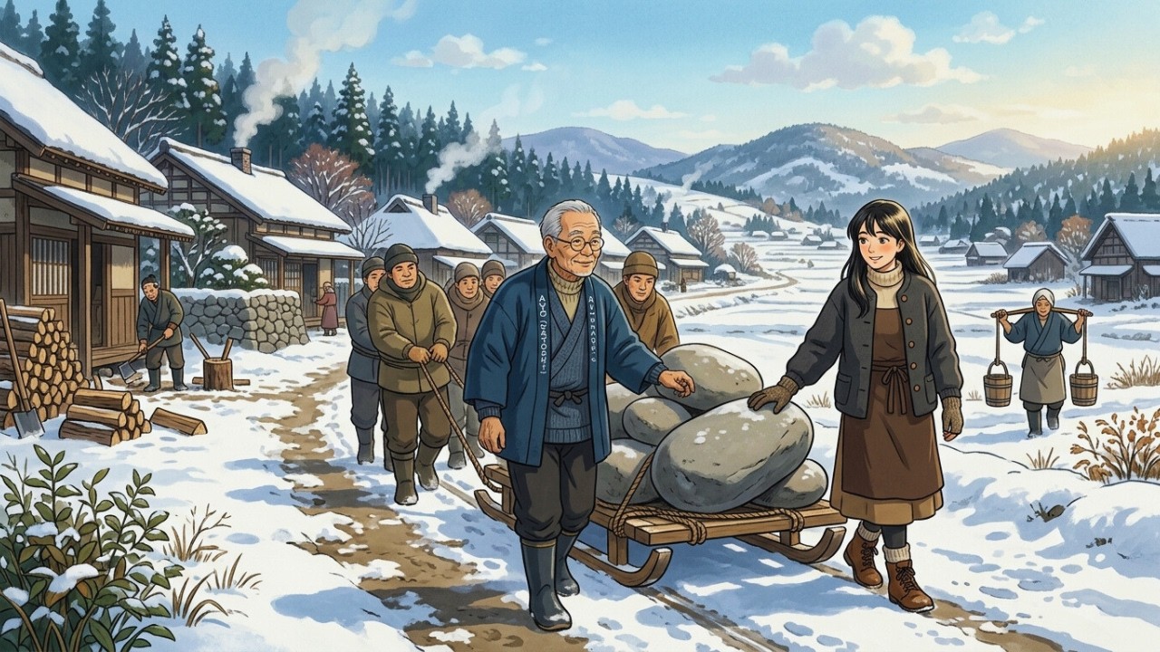 Miso-Fermentation und Vorratshaltung im Steinkeller mit Großmutter | Ghibli-Stil