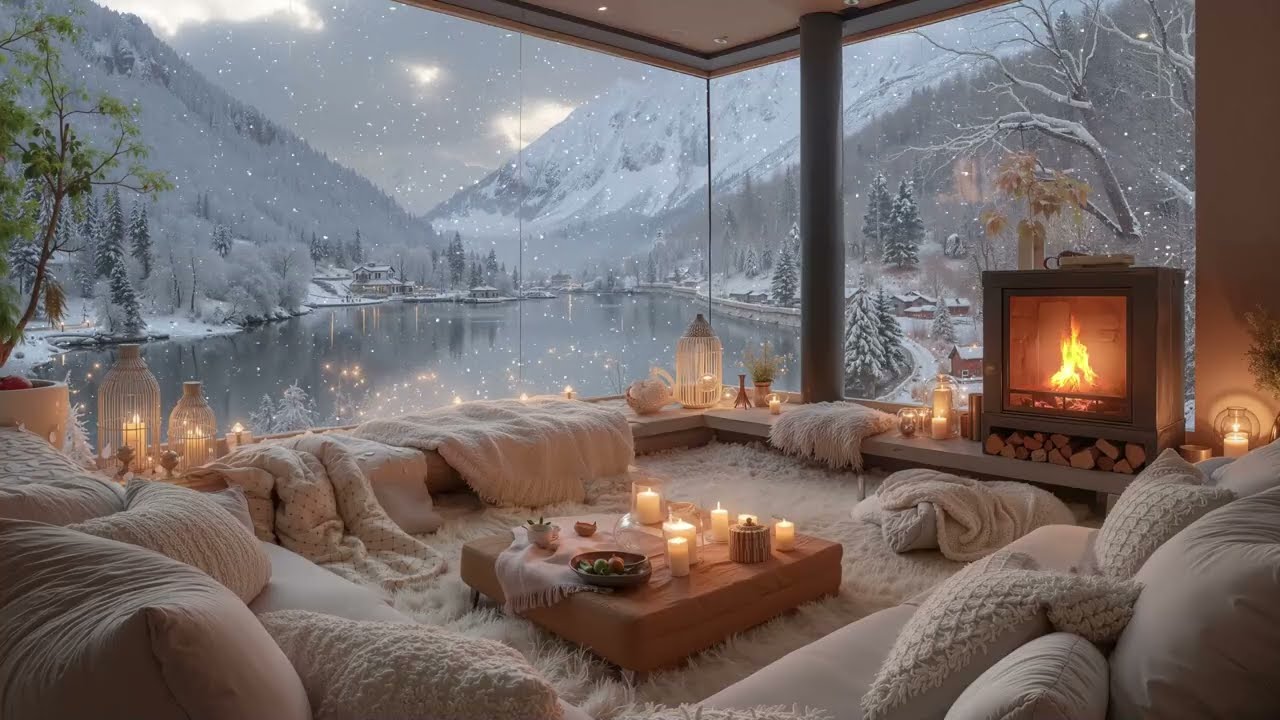 Tranquil Winter Day at a Lakeside Cabin ❄️ Soft Piano Music and Cozy Fireplace Sounds for Relaxation
