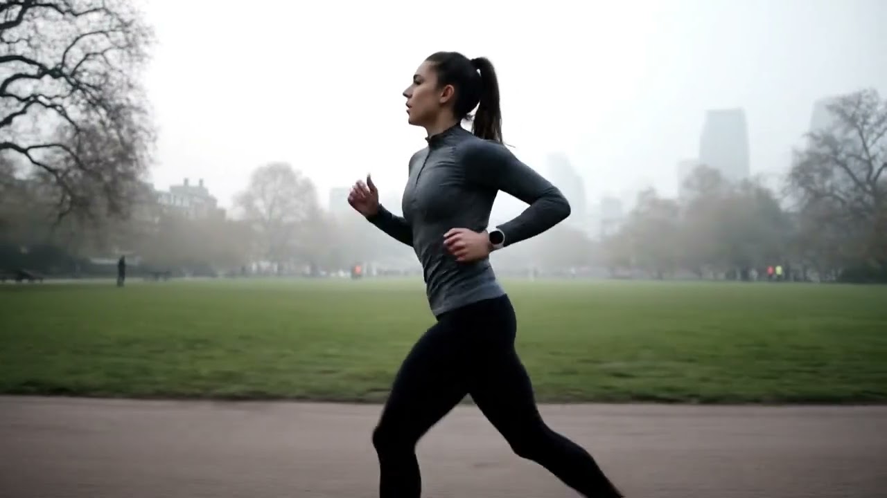 London Young Woman with Watch Running in Foggy Day  2026-03-17