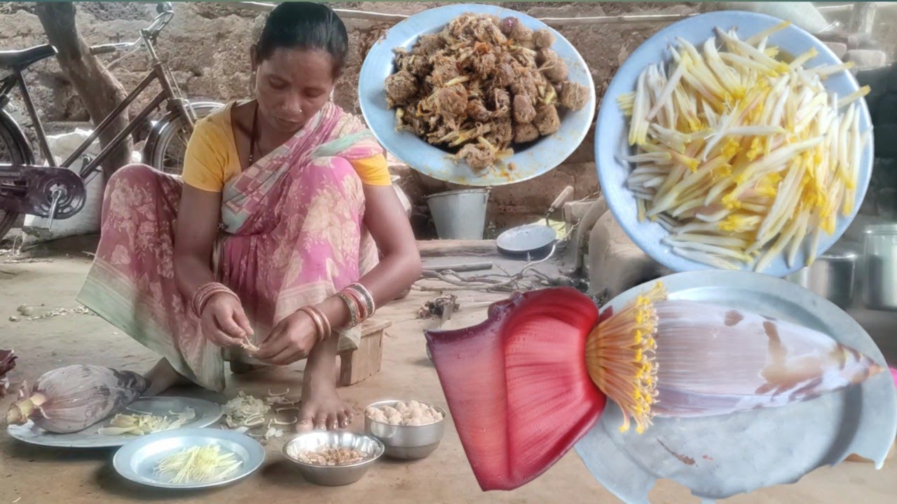 Amazing Traditional Tasty Banana Flower And Soyabin Curry |Tribe Woman Cooked|Indian Village Cooking