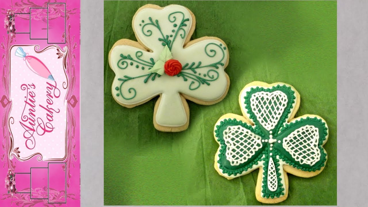 2 Shamrock sugar cookie designs with royal icing.