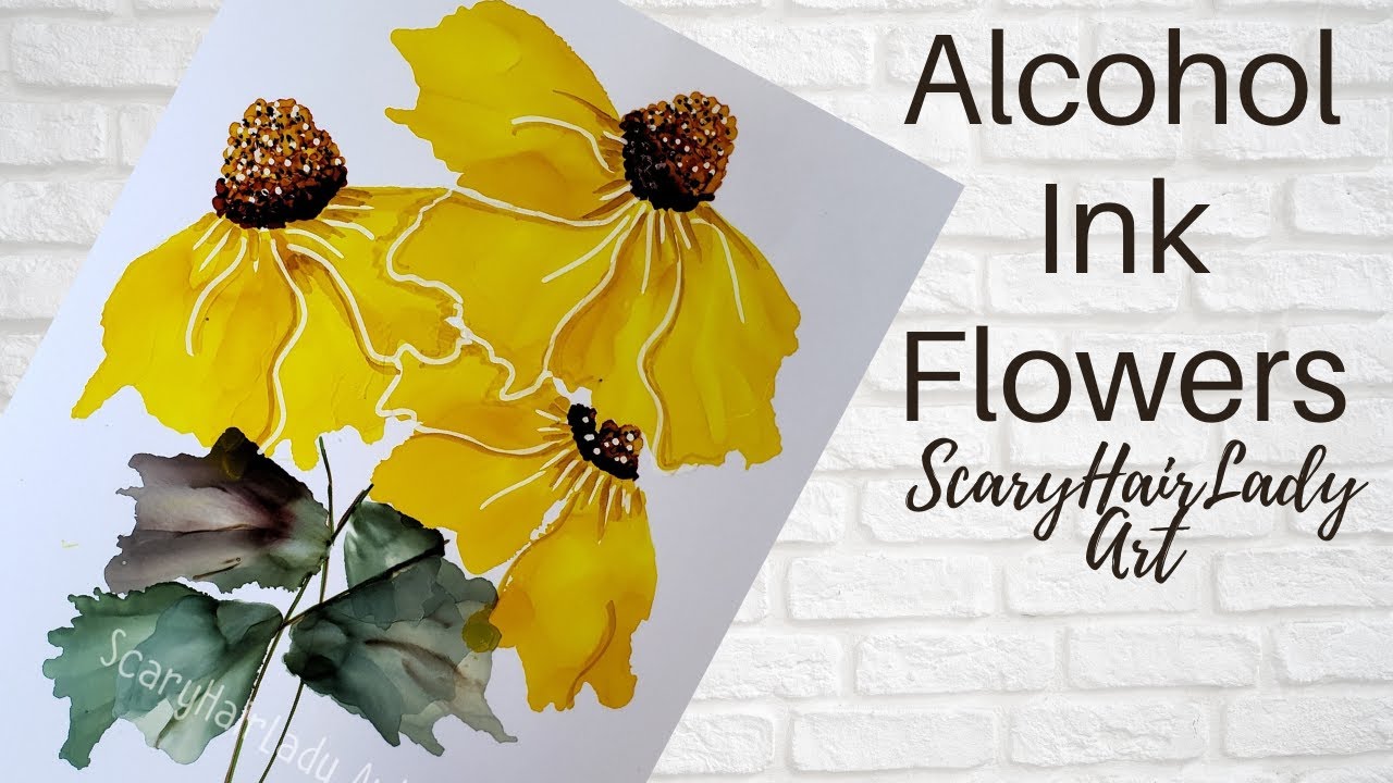 #72  Alcohol Ink yellow Sunflowers / Cone flowers with Leaves