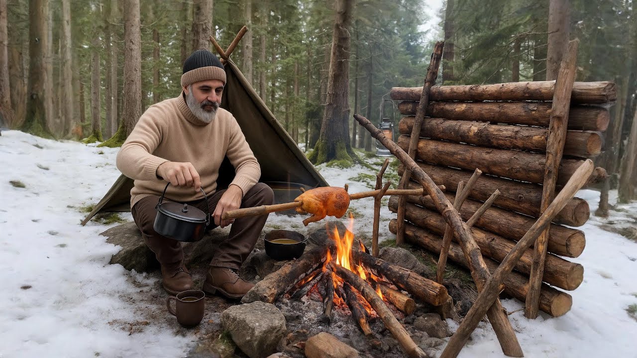 Зимний кемпинг, Снег, Курица-гриль, Зимний суп, Ковбойский кофе, Изготовление пилы, Палатка-пончо