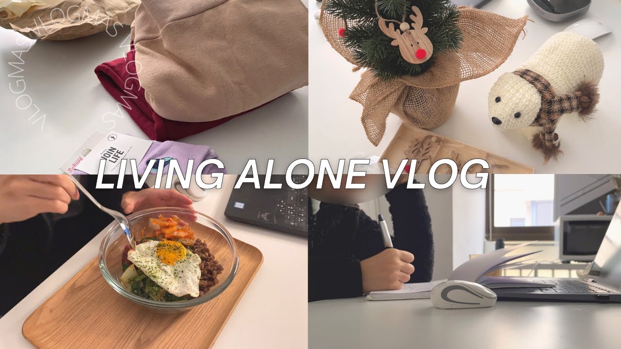 Living Alone VLOGMAS 🎄 staying home, cooking bibimbap, studying, doing house chores, Christmas decor