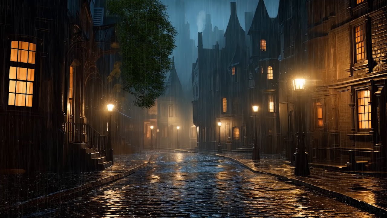 Victorian London  - The Dark Alley -  Rain Sounds, Thunder sounds, Horses, Bells
