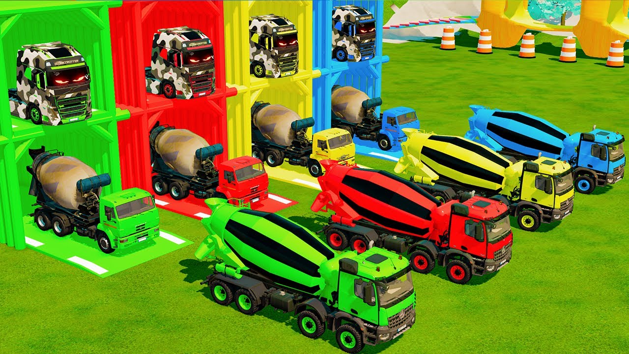 Garage with Color - ALL MIXER TRUCK WITH DOUBLE FLATBED TRAILER TRUCK, VOLKSWAGEN, INTERNATONAL FS22