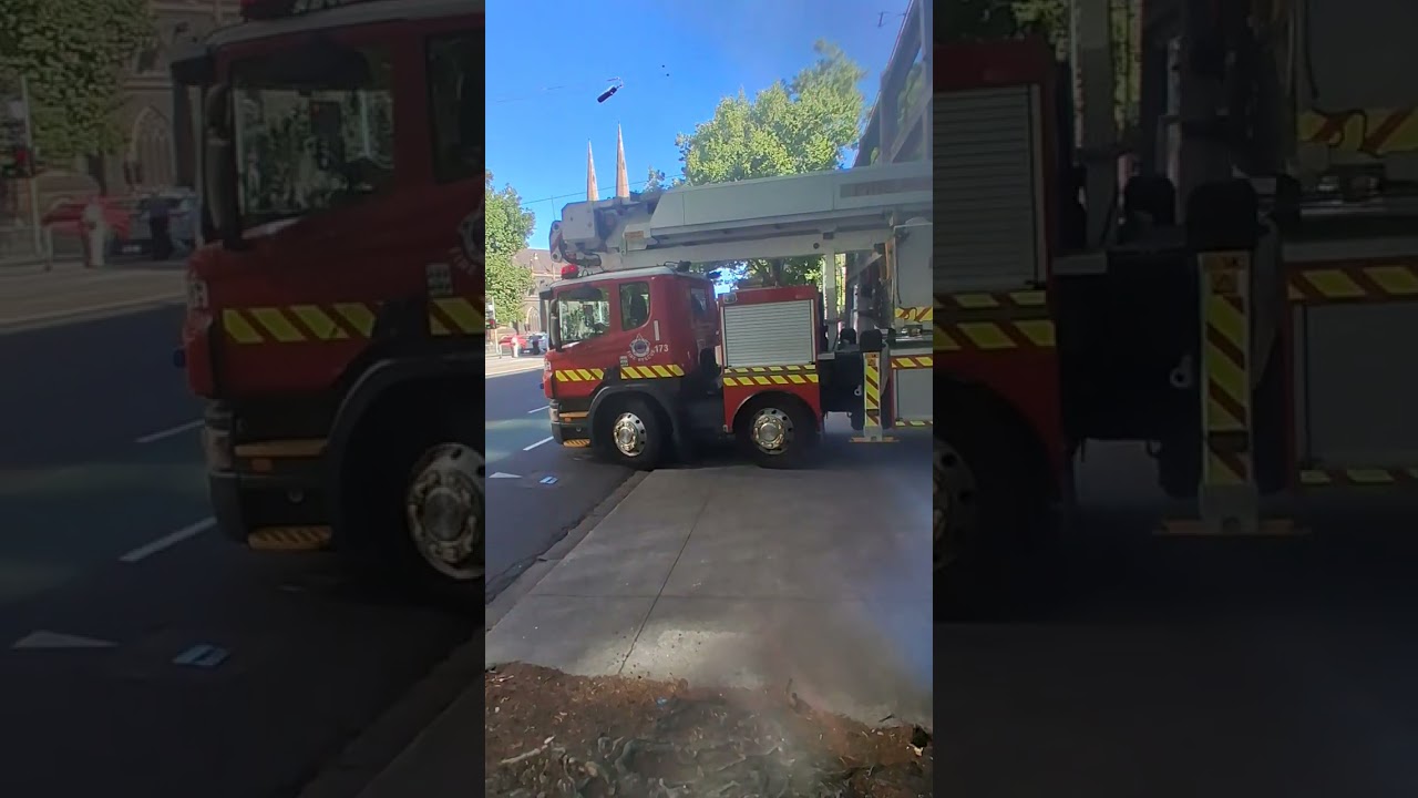 Ladder platform 1  heading to a Fire Indicator Panel full call 🚒🚨🔥 and some Yarra trams and FRV 🚒🚨🚨🔥