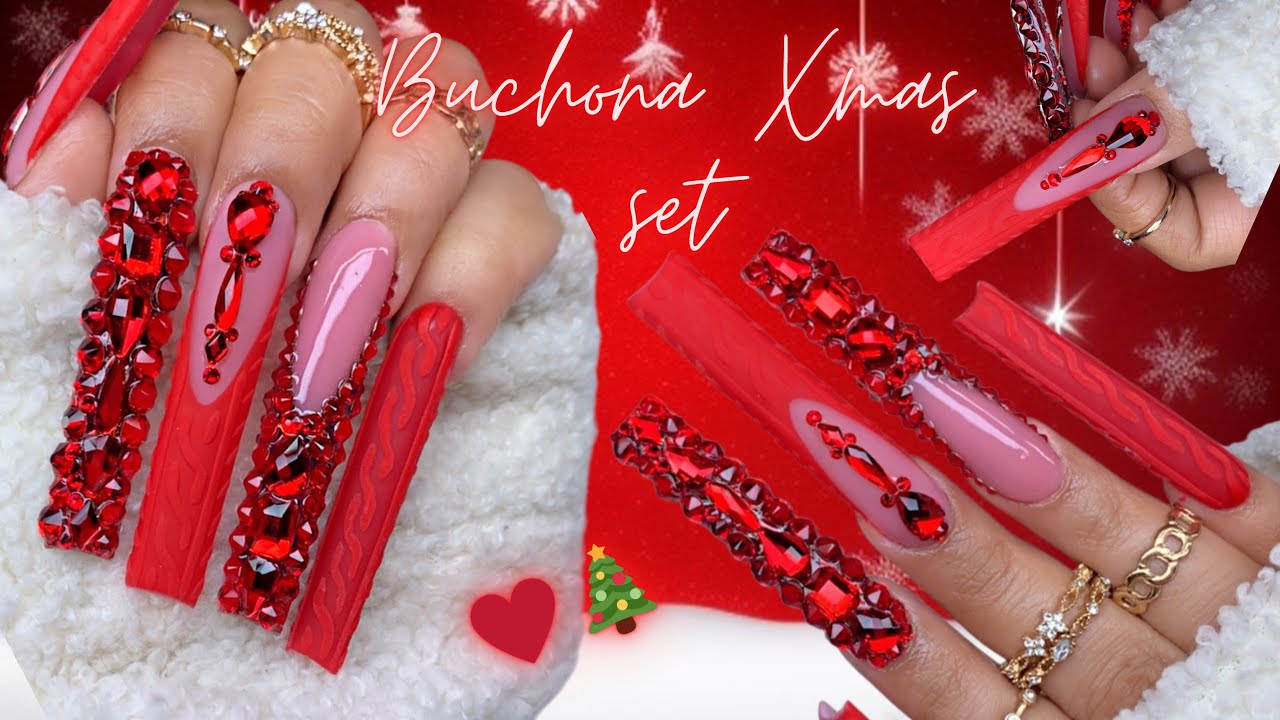 Красные праздничные ногти от Buchifresa♥️🎄/ Рождественские блестящие акриловые ногти