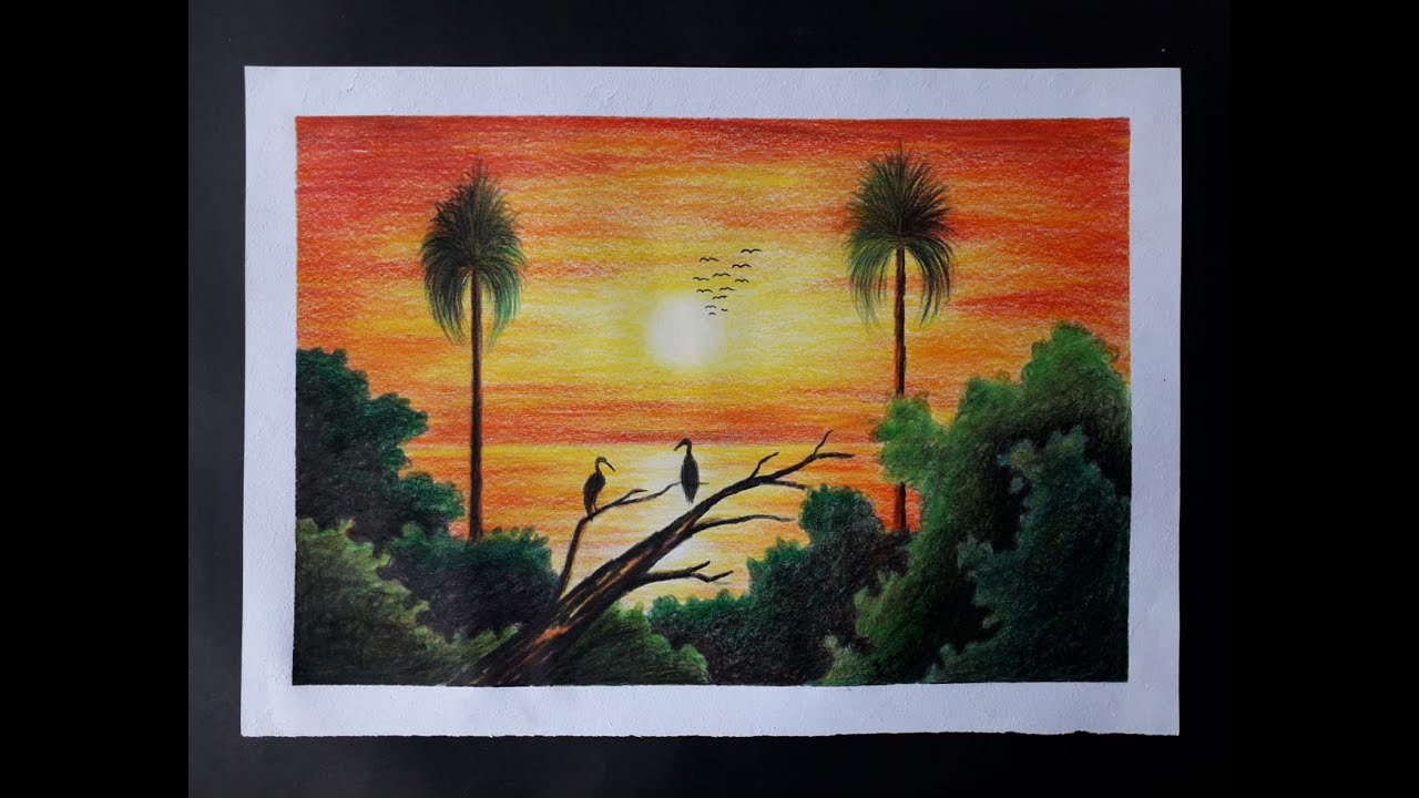 Dibujo Artístico de un Atardecer con lapices de colores