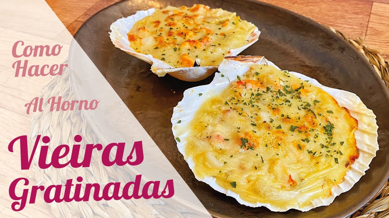 VIEIRAS GRATINADAS CON BECHAMEL Y GAMBAS | Receta de vieiras rellenas