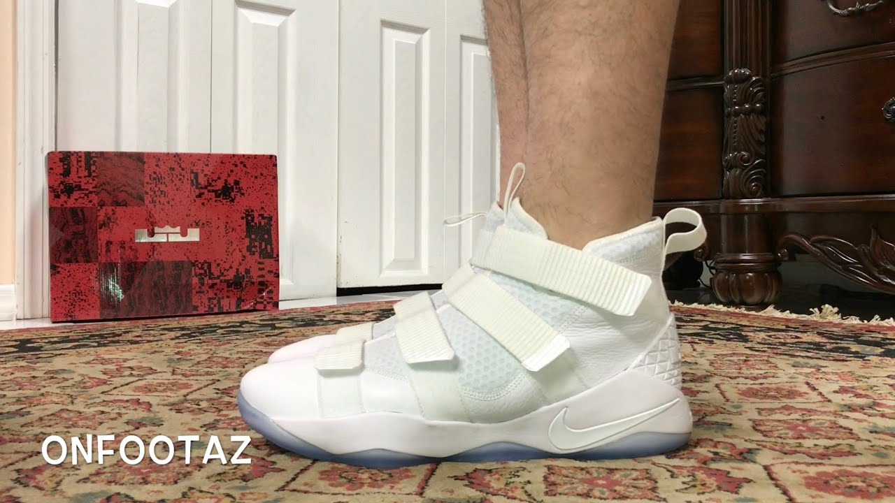 Nike Lebron Soldier 11 XI Triple White On Foot