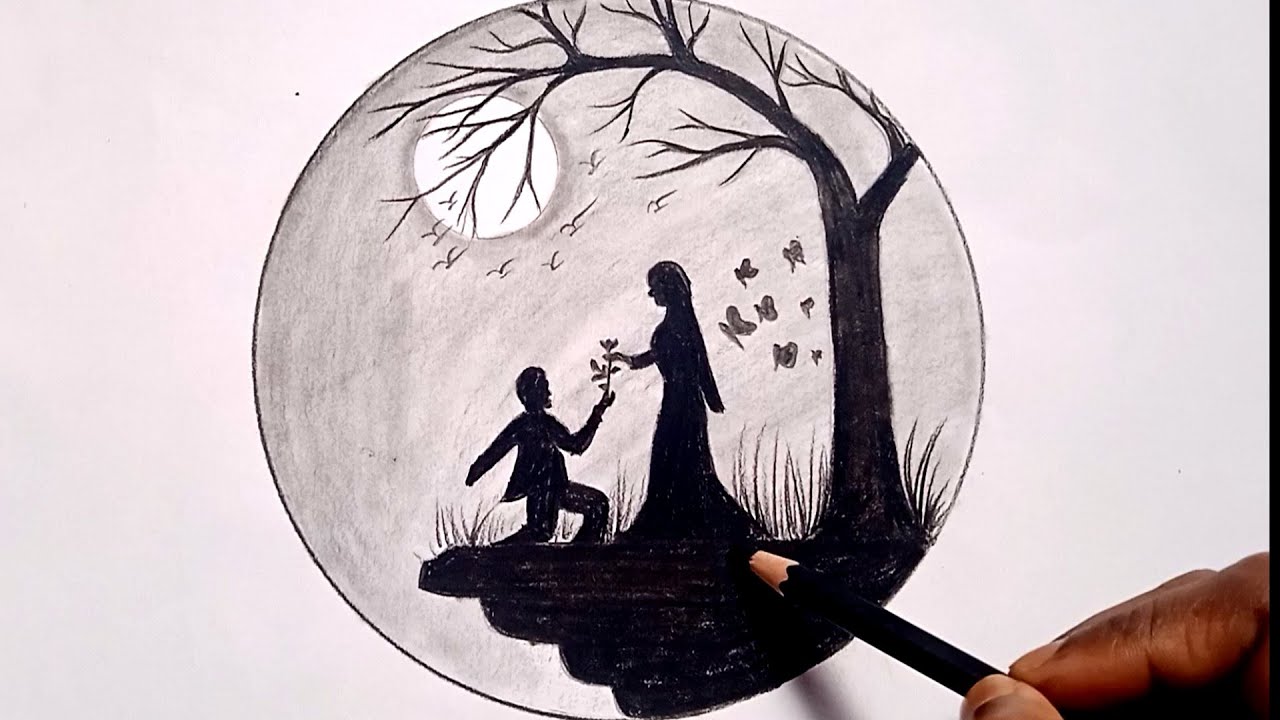 Pencil Drawing In Circle || How To Draw A Couple || pencil Sketch Moonlit Night With Couple Drawing|