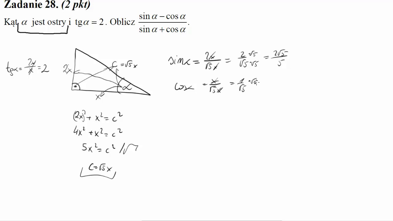Matura sierpień 2013 zadanie 28 Kąt α jest ostry i tgα=2. Oblicz (sinα−cosα)/(sinα+cosα).