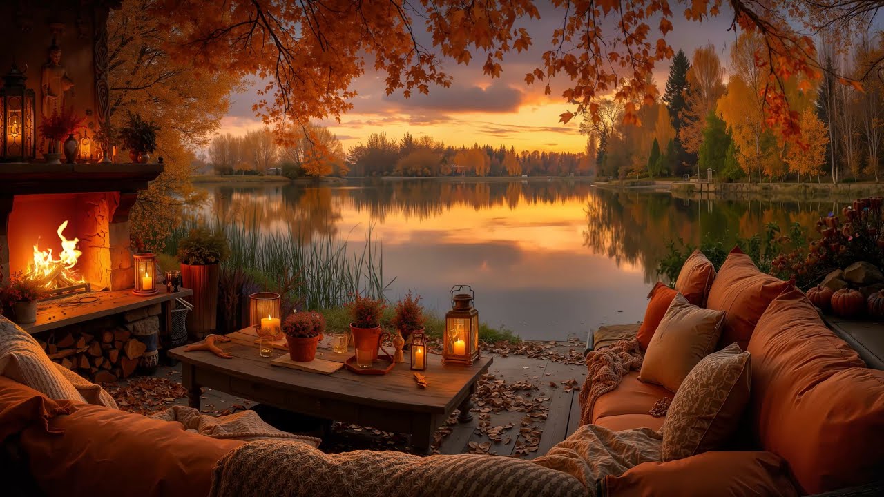 Cozy Fall Porch Ambience By The Lake 🍁 Soothing Piano Music & Fireplace Sounds for Relaxation