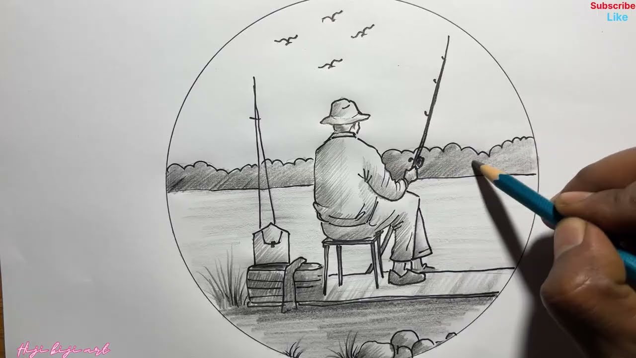 Fishing scenery drawing in a circle/ fisher man drawing for beginners/ How to draw fisher man