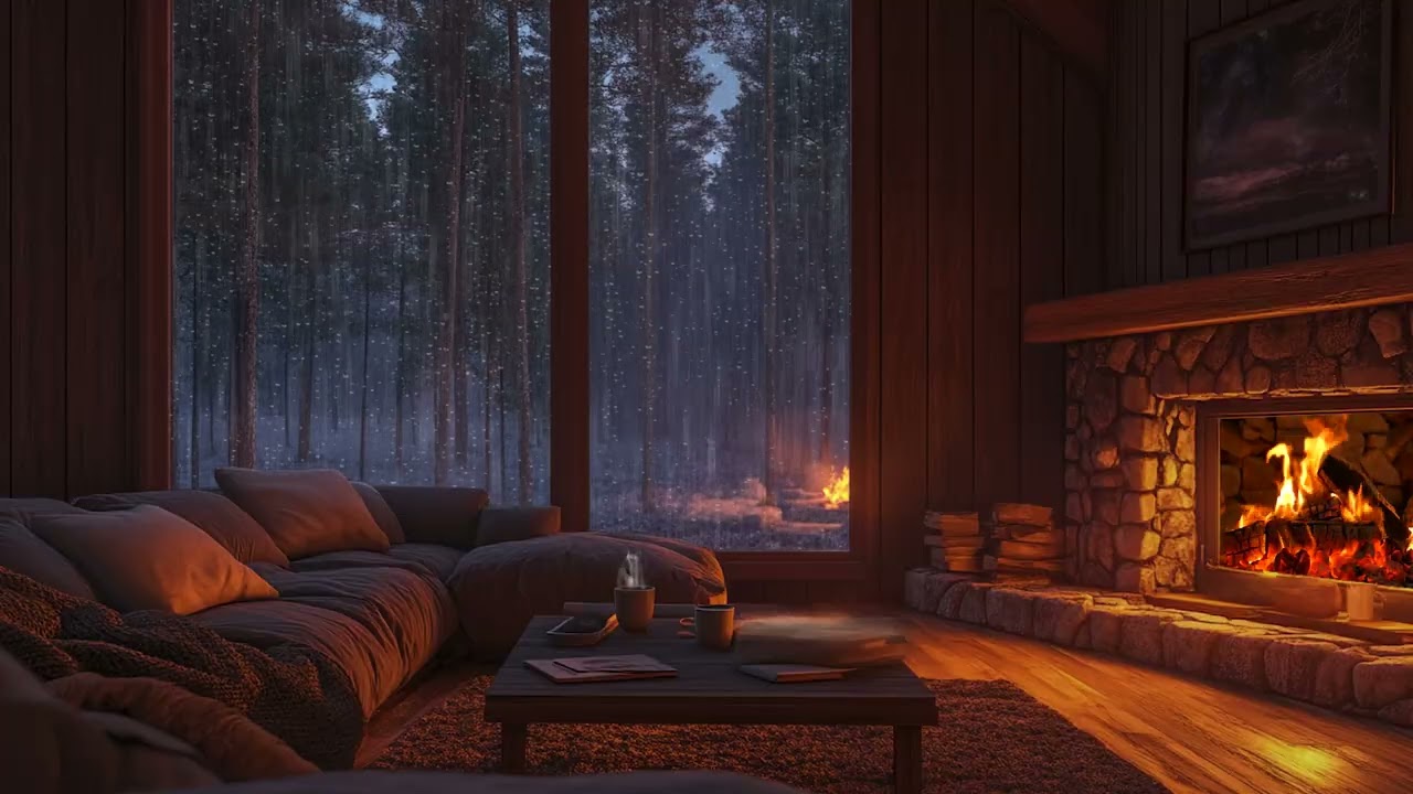 Relaxing Rainstorm and Warm Fireplace Crackling for Peaceful Sleep and Stress Relief Tonight