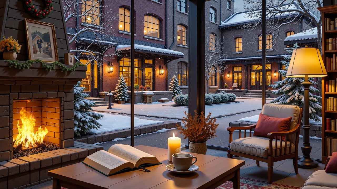 Quiet Winter Courtyard Café ❄️ Cozy Fireplace Ambience for Reading, Focus & Calm Evenings