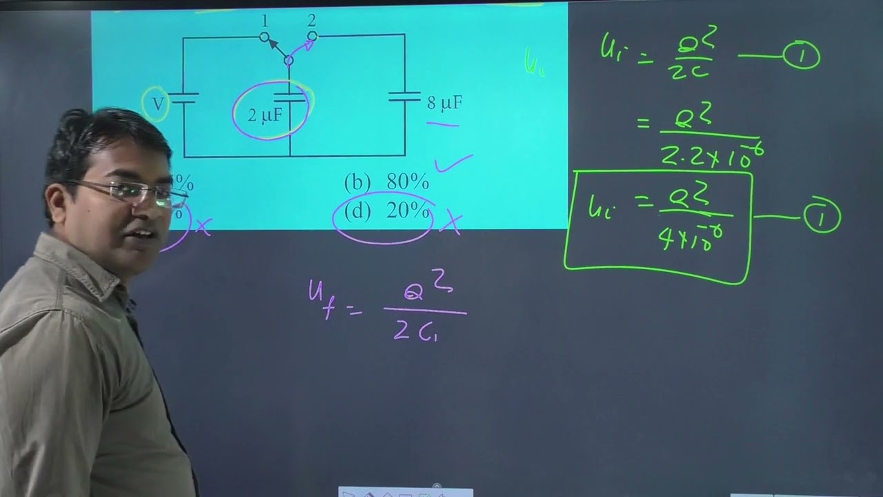A capacitor of 2F is charged as shown in the diagram. When the switch S is turned to position 2 the