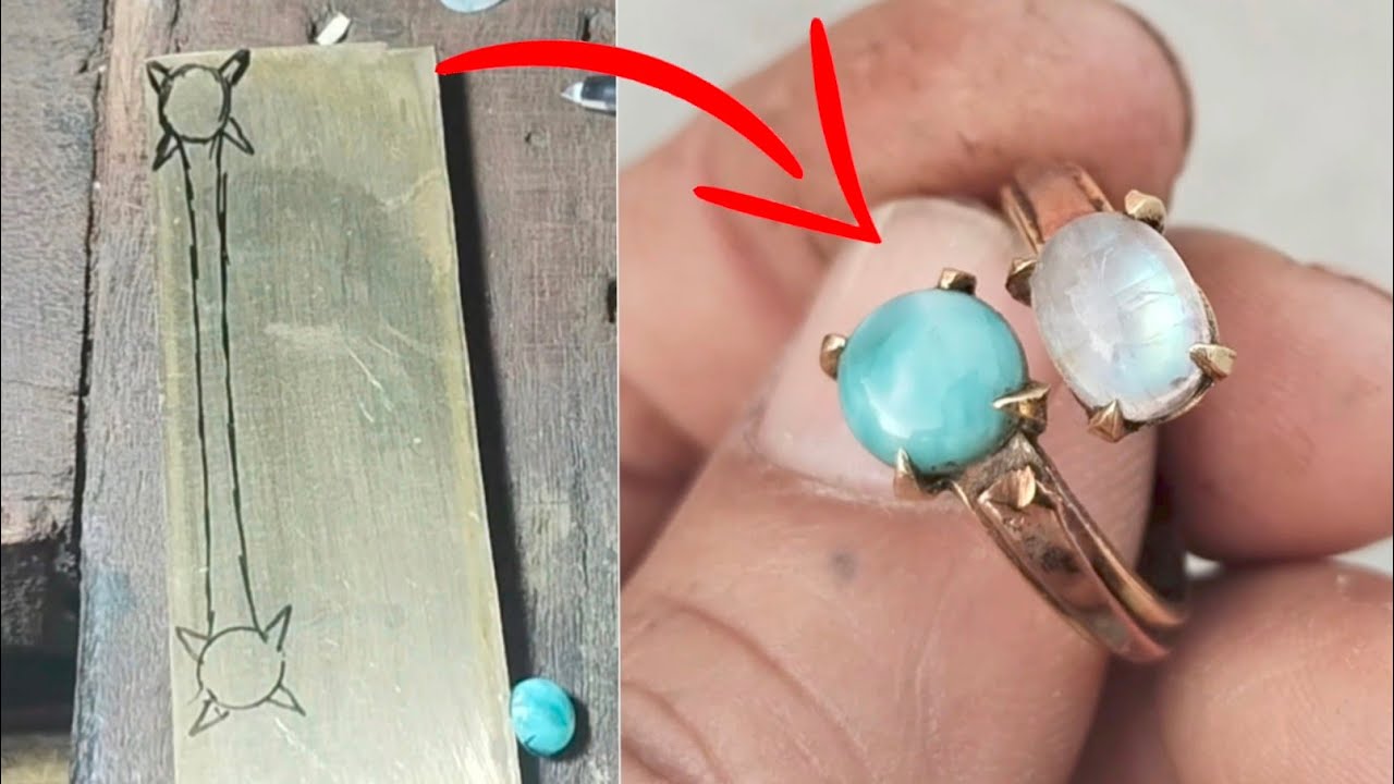 How to make brass and copper metal moon stone and larimar adjestable ring design . Handmade process.