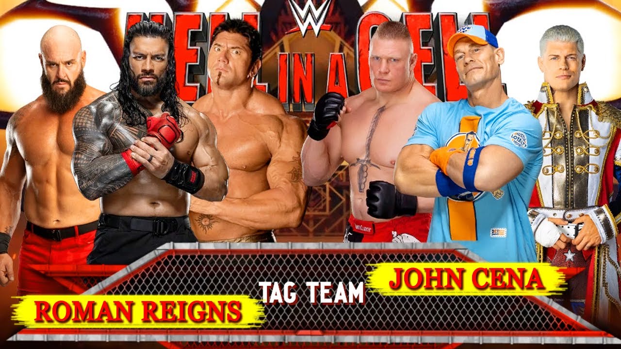 Roman Reigns Batista & Braun Strowman vs. John Cena Cody Rhodes & Brock Lesnar | Tag Team Match