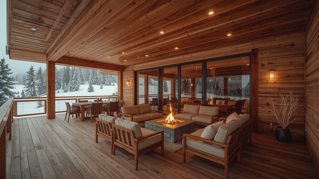 Cozy Winter Afternoon | Modern Terrace Firepit | Snowy Mountain Vista