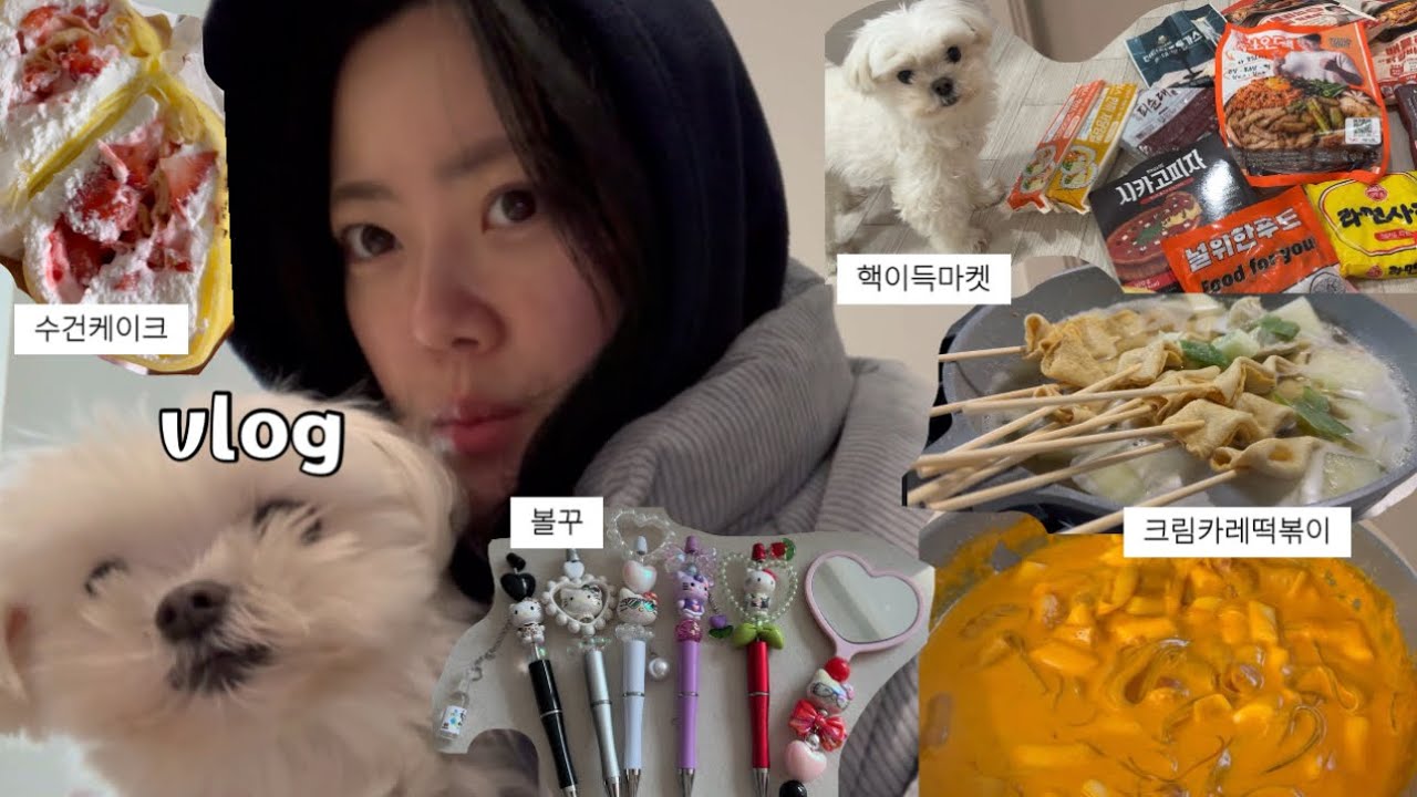 먹는 족족 찍은 먹방 일상브이로그(ft.어무니 주식 설득하기) 수건케이크,두쫀쿠,핵이득마켓,볼꾸,키티,크림카레떡볶이,삼전