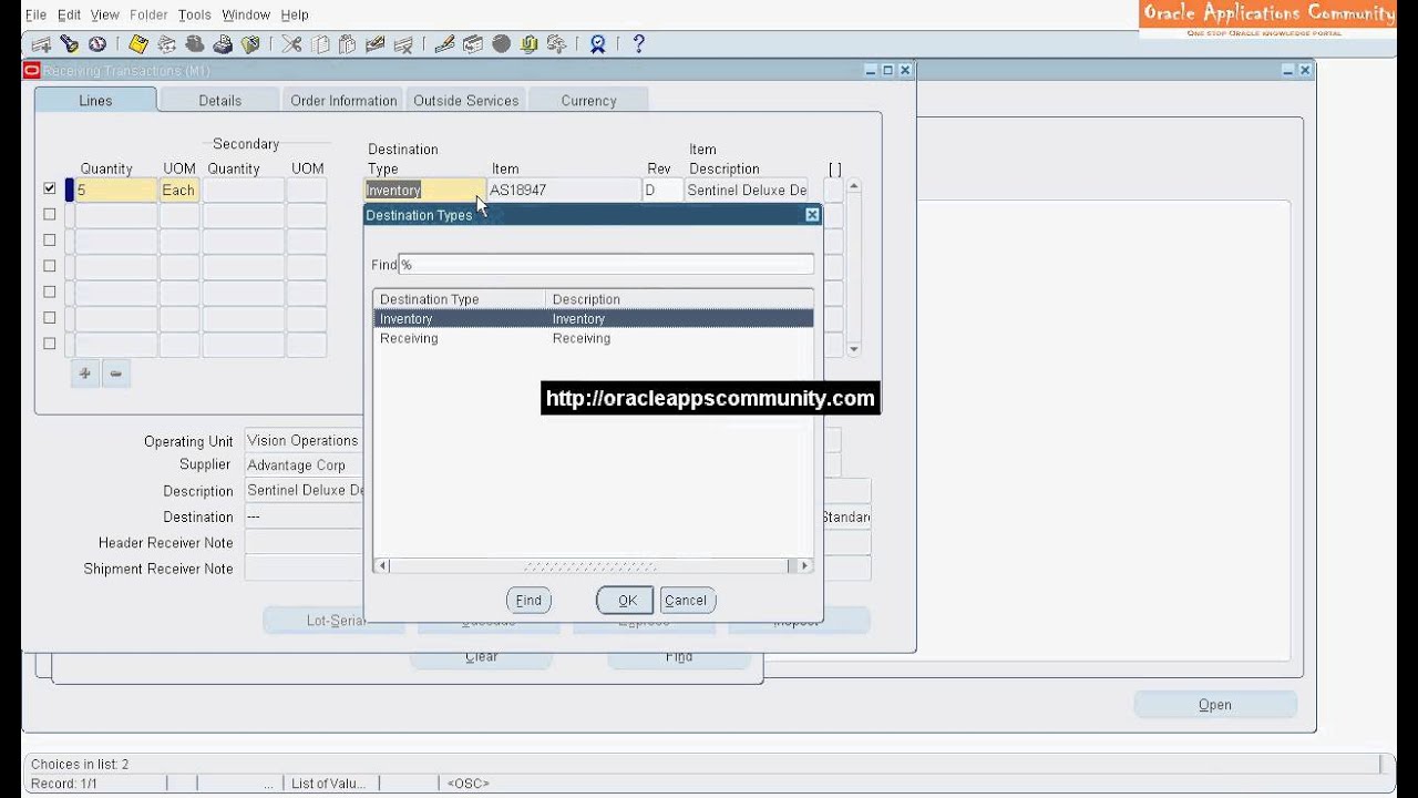 Purchase Order Receipt Delivery - Oracle Purchasing