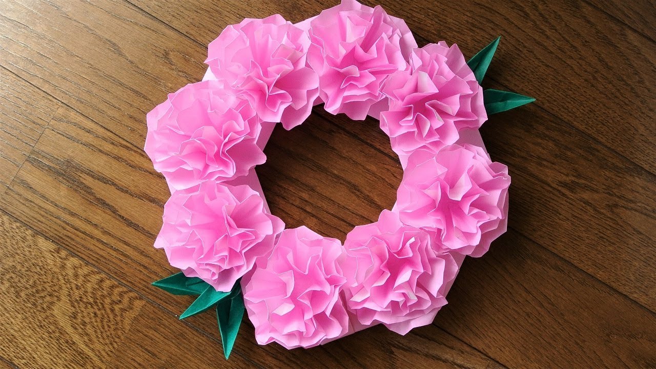 折り紙　カーネーションのリースの作り方　【Origami】How to make a carnation flower wreath