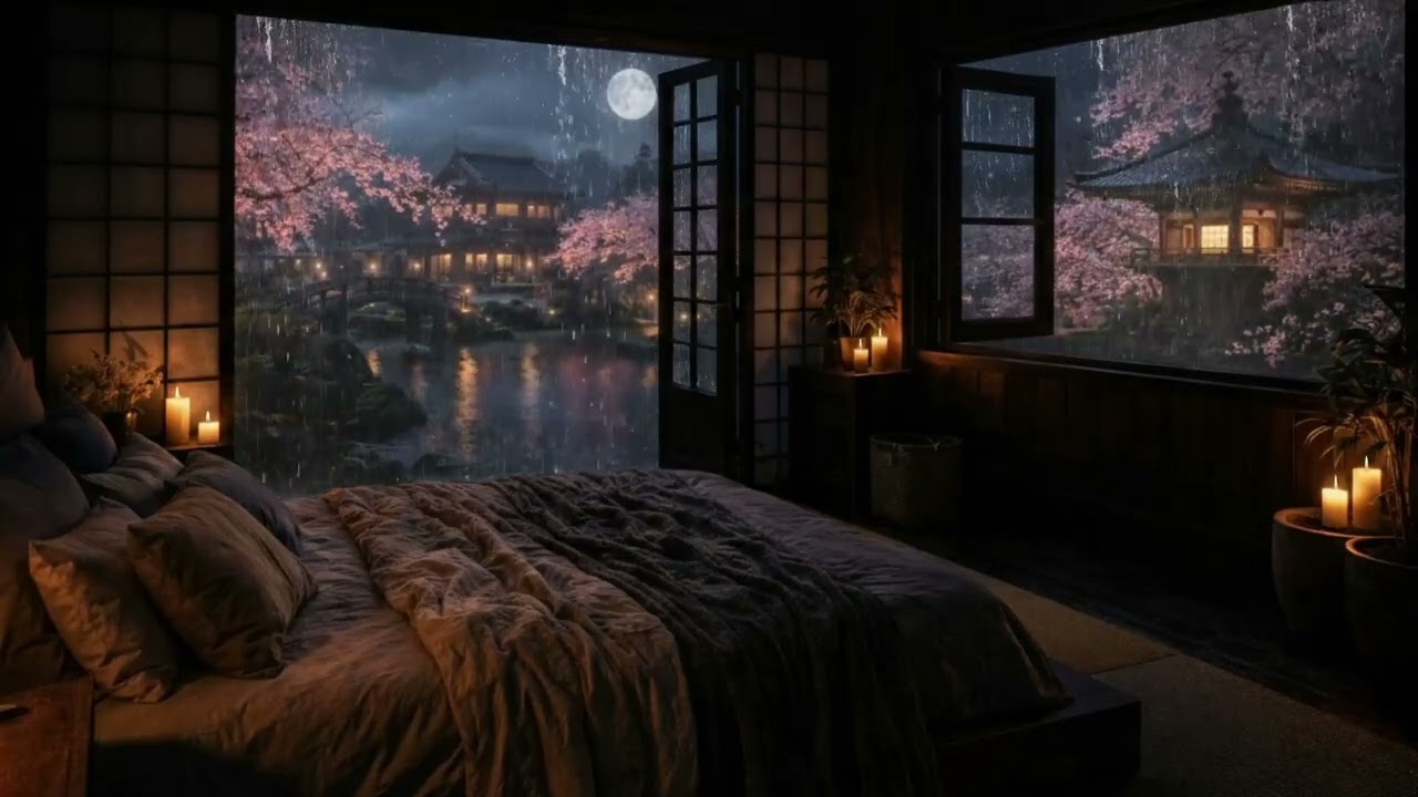 Cozy Zen Bedroom Overlooking a Rainy Japanese Garden | 8 Hours