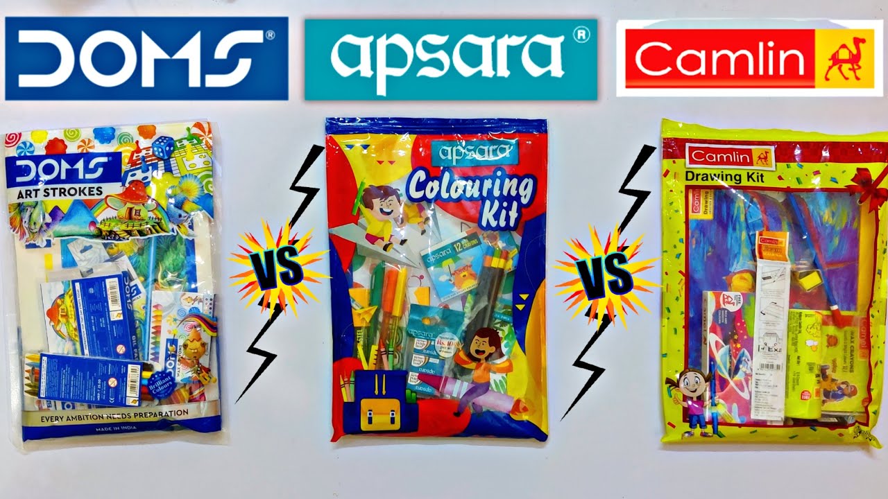 Doms Art Strokes vs Apsara Colouring Kit vs Camlin Drawing Kit - Unboxing and Review in Hindi