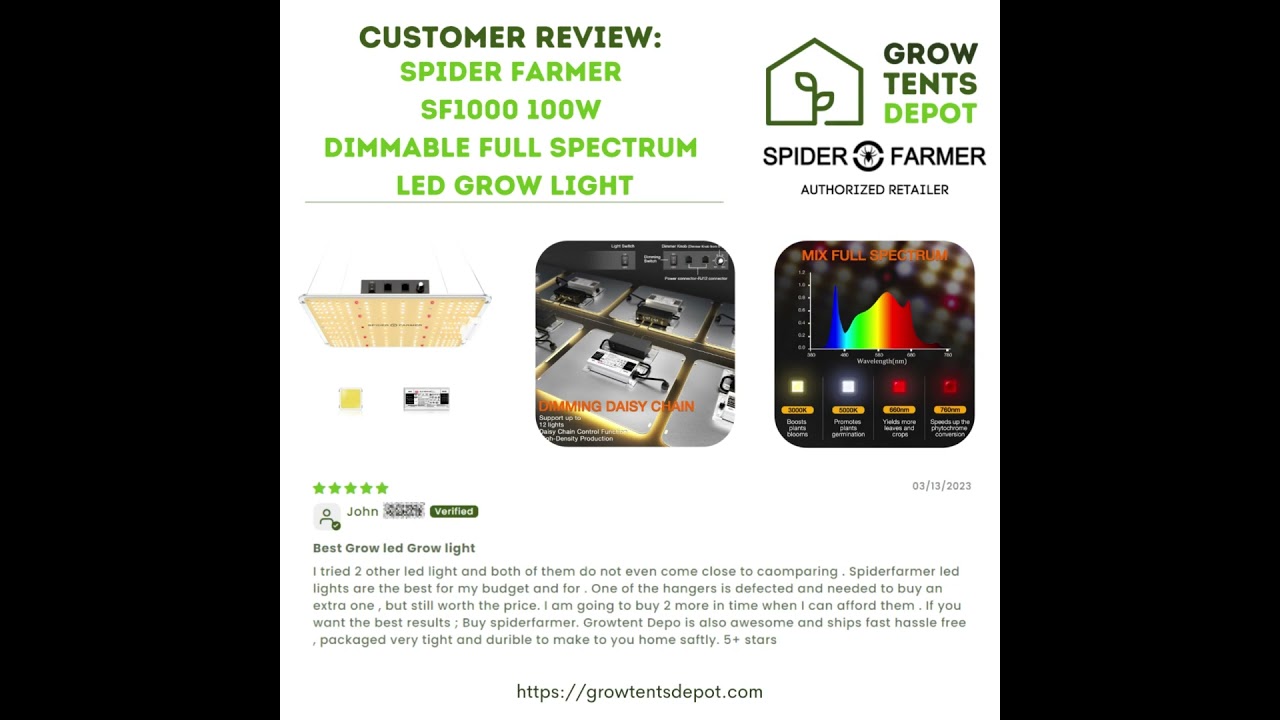 Spider Farmer SF1000 100W Dimmable Full Spectrum LED Grow Light