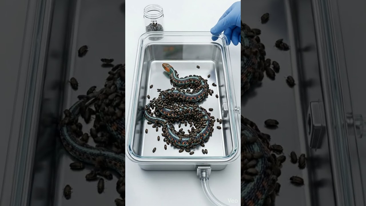 A colony of beetles swarms over a snake in this insane macro time-lapse experiment 🐍💀 #labexperiment
