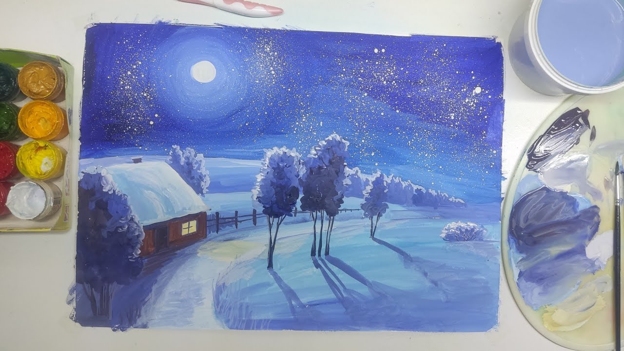 Зимний ночной пейзаж.