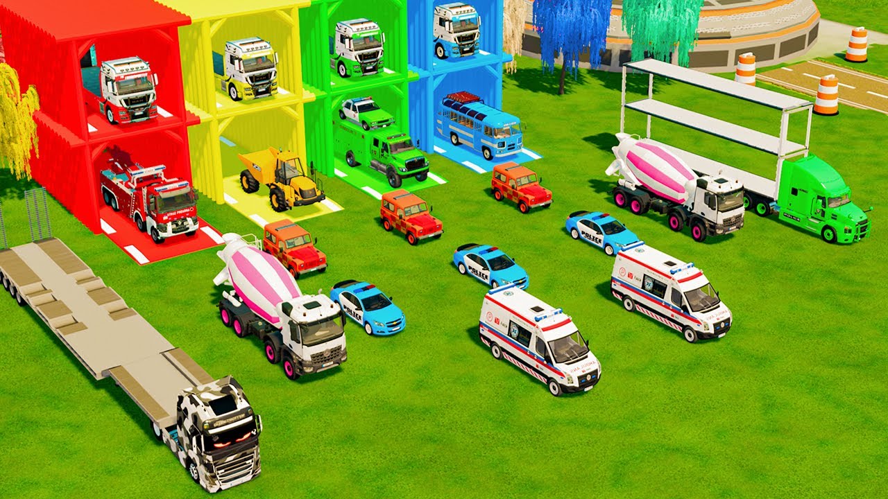 TRANSPORTING RESCUE VEHICLES, POLICE CARS, AMBULANCE, CONCRETE MIXER, DUMP TRUCK TO GARAGE - FS22