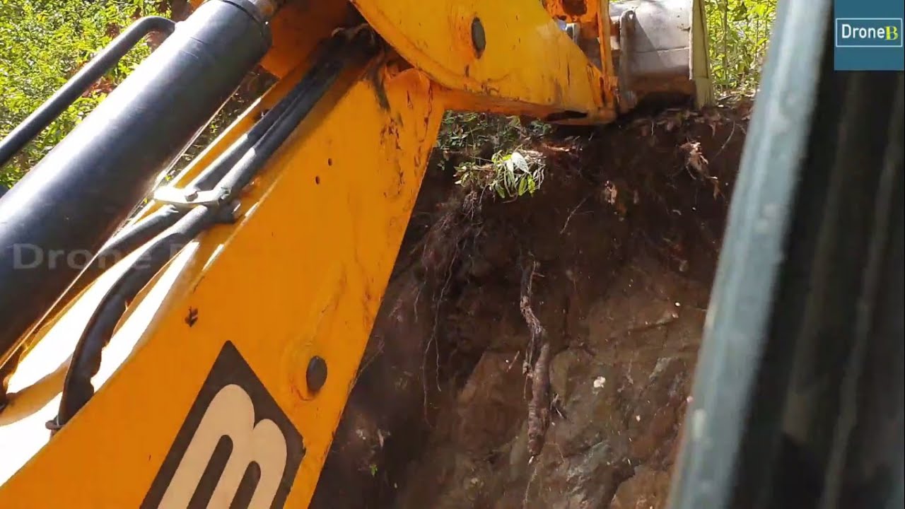 Cutting Hill-Felling Tree-Backhoe Loader-Hilly Road Work-JCB Cabin View