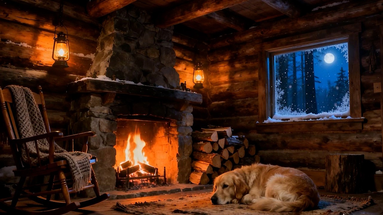 Cozy Cabin Night Ambience 🔥 Relaxing Smooth Jazz, Sleeping Dog & Fireplace Warmth for Focus & Calm