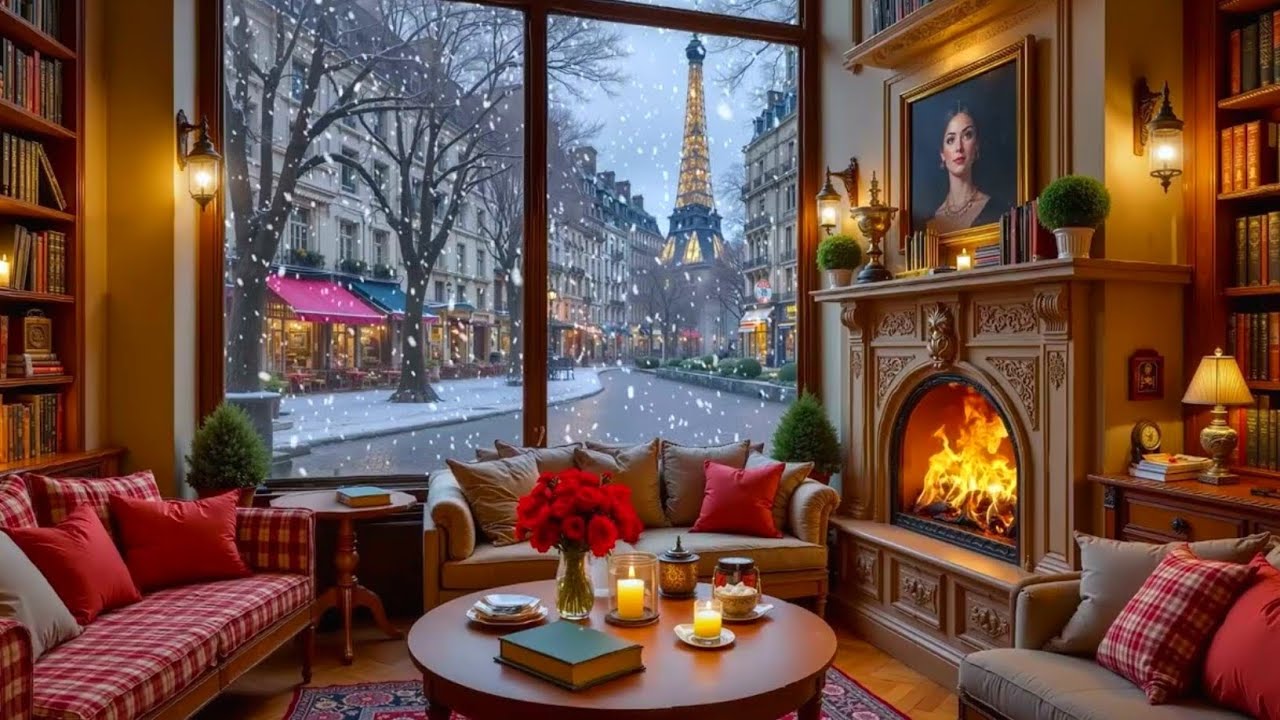 Deep Winter Night Jazz ❄️ Snowy Coffee Atmosphere & Cozy Fireplace Sounds for Studying and Focusing