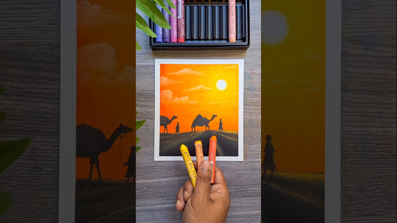 🌅 Desert Sunset Drawing with Camels | Easy Oil Pastel Art  #drawing  #new  #oilpastel