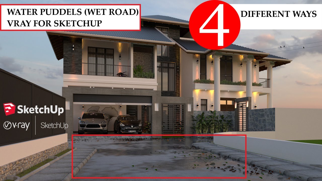 4 Different Ways Of Making Water Puddles (Wet Roads) in Sketchup,Vray