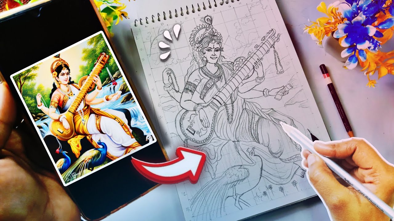 📍How To Draw🌸Saraswati Devi Drawing,Easy tutorial Ma Saraswati drawing, 