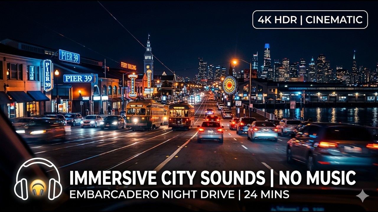 Deep Sleep ASMR: 24 Mins San Francisco Night Drive | Embarcadero Waterfront (No Music)
