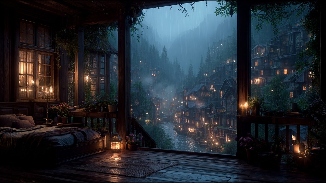 Inside a Cozy Cabin While Rain Falls on a Quiet Mountain Village 🌧️ Fireplace & Night Ambience