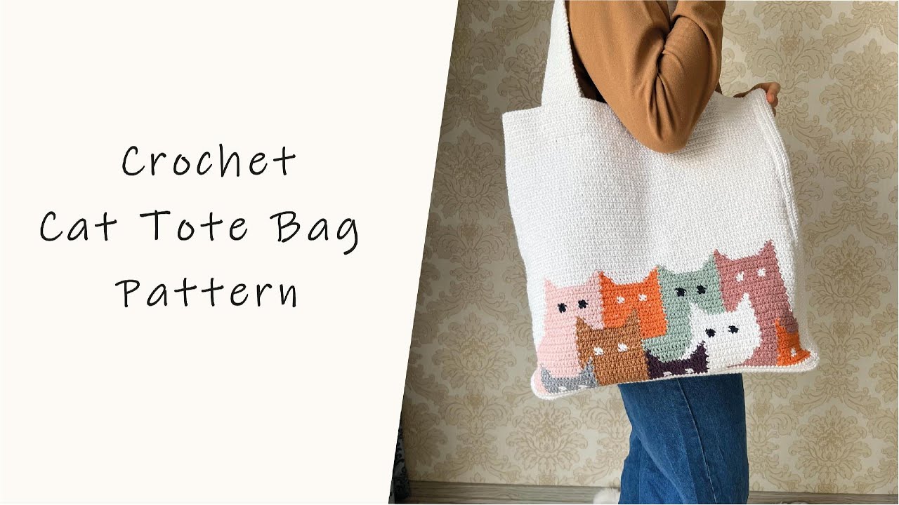 Colorful Crochet Cat Tote Bag