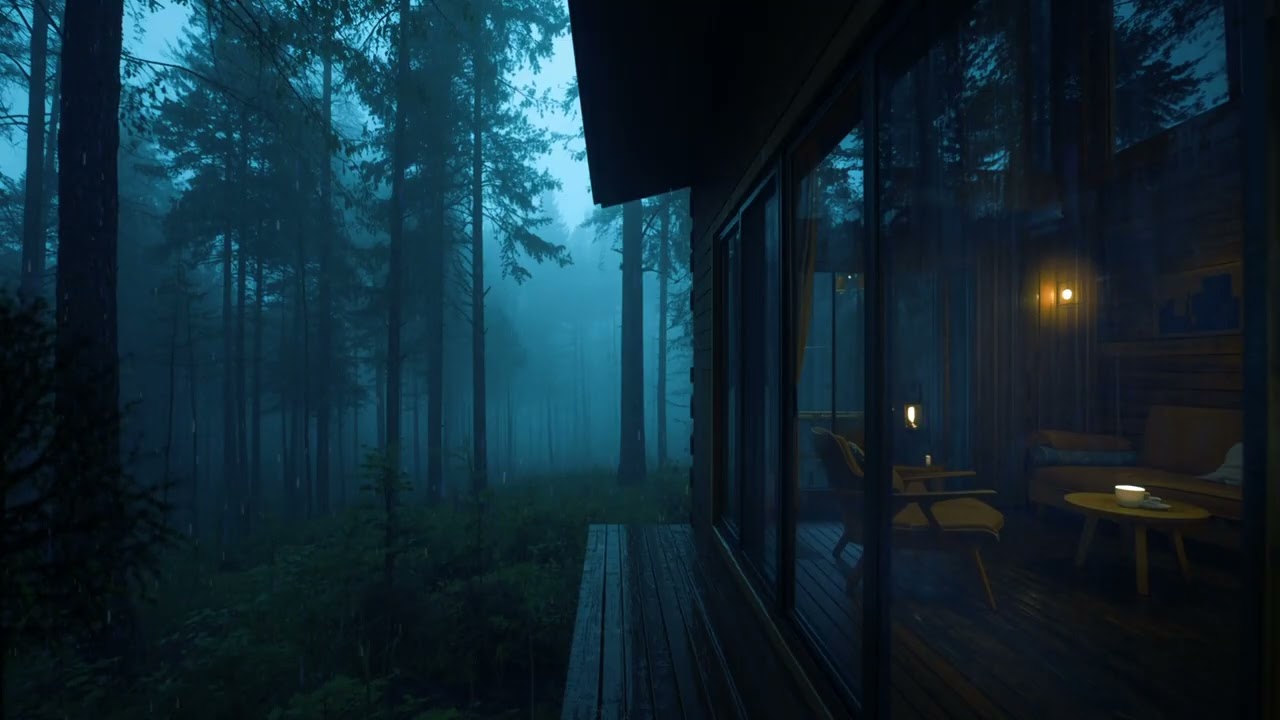 Rain Ambience in a Wooden Cabin at Night