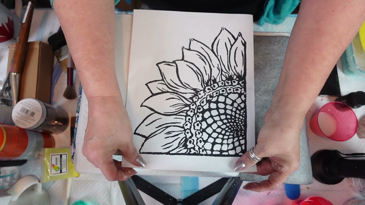 Beautiful Sunflower textured painting with BLUE leafing, broken glass, and glitter. Video #488