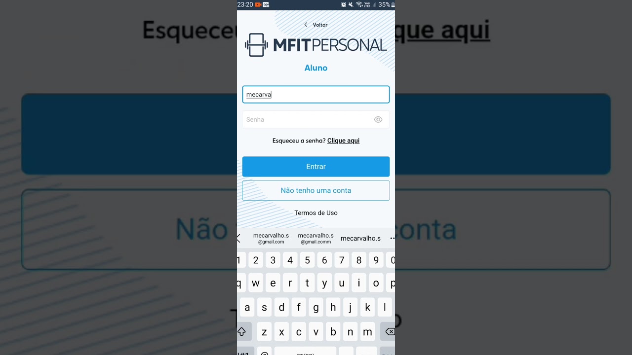 Cadastro e acesso ao aplicativo MFIT - ProElite Trainer