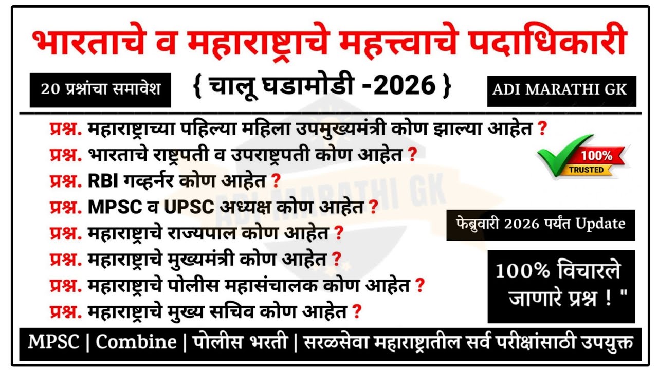 भारत व महाराष्ट्राचे महत्त्वाचे पदाधिकारी 2026 |  Important Officials Maharashtra | #policebharti