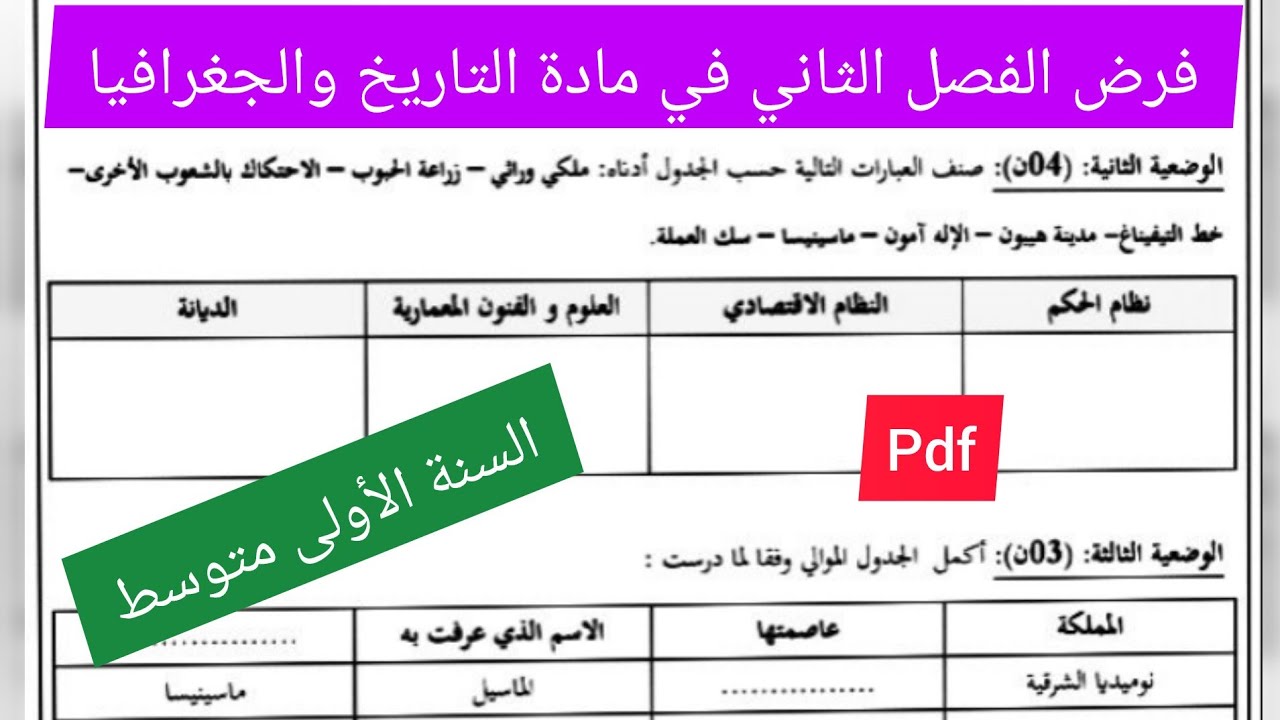 فرض الفصل الثاني في مادة التاريخ والجغرافيا السنة الأولى متوسط