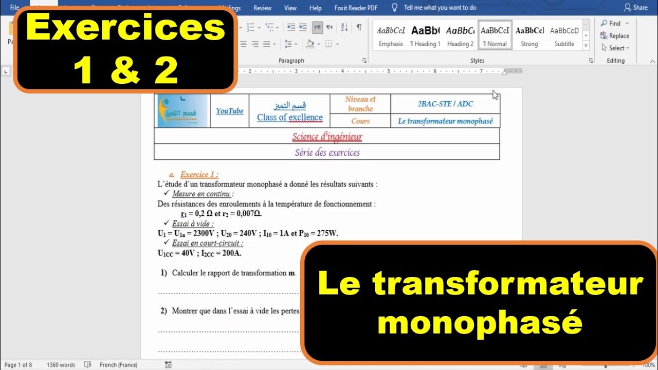 EXO 1& 2 du transformateur monophasé / Single phase transformer
