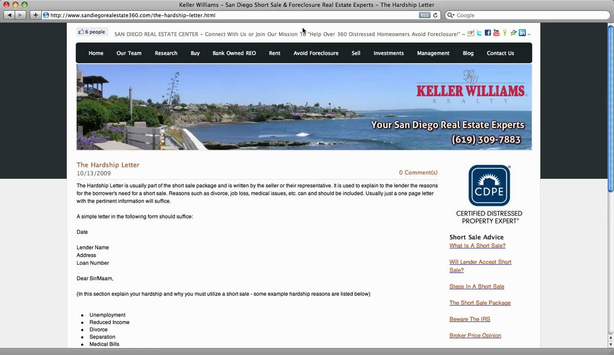 Sample Hardship Letter - San Diego Short Sale